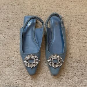 Zara Light Blue Jeweled Pointed Slingback Flats
